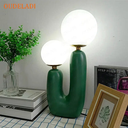 Green ceramic table lamp with two white glass ball led shades for blush pink and white decorbites table lamp design