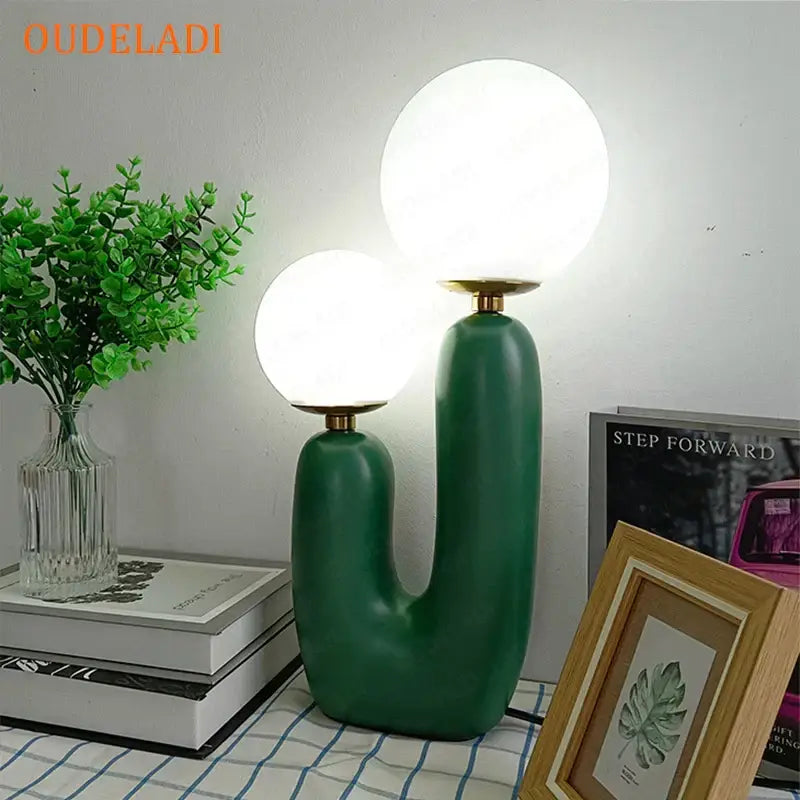Green ceramic table lamp with two white glass ball led shades for blush pink and white decorbites table lamp design