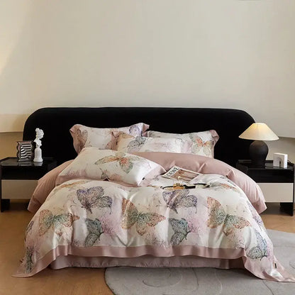 Blush rose eucalyptus fiber flowers bedding set with pastel pink cream satin soft decorbites eucalyptus fiber print