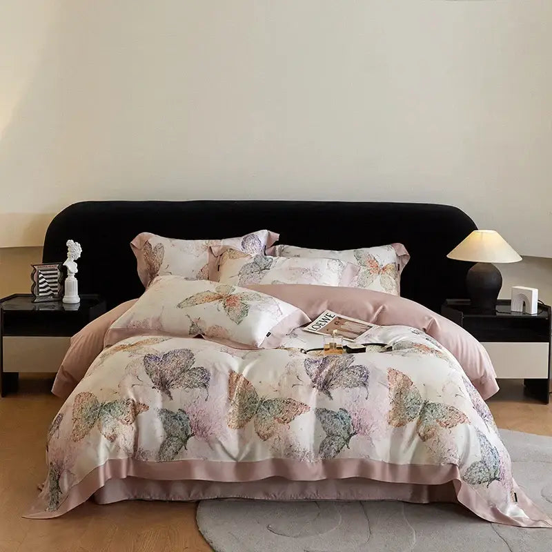 Blush rose eucalyptus fiber flowers bedding set with pastel pink cream satin soft decorbites eucalyptus fiber print