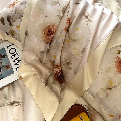A soft cream-colored silk scarf with blush rose and muted green eucalyptus fiber flowers for bedding set decorbites