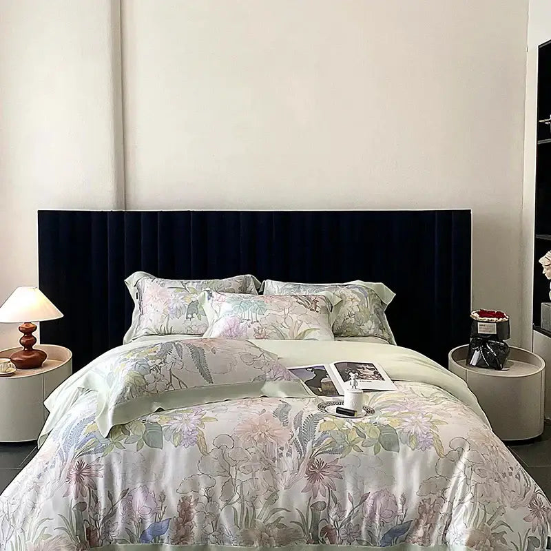 Blush rose eucalyptus fiber flowers bedding set featuring soft pastel floral prints on silky satin fabric for bedroom decorbites eucalyptus fiber