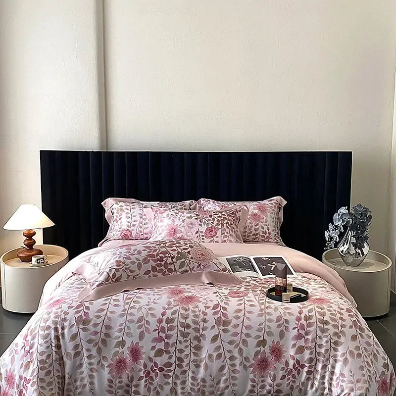Pink floral satin bedding set with blush rose eucalyptus fiber flowers on soft glossy fabric for elegant decorbites decor