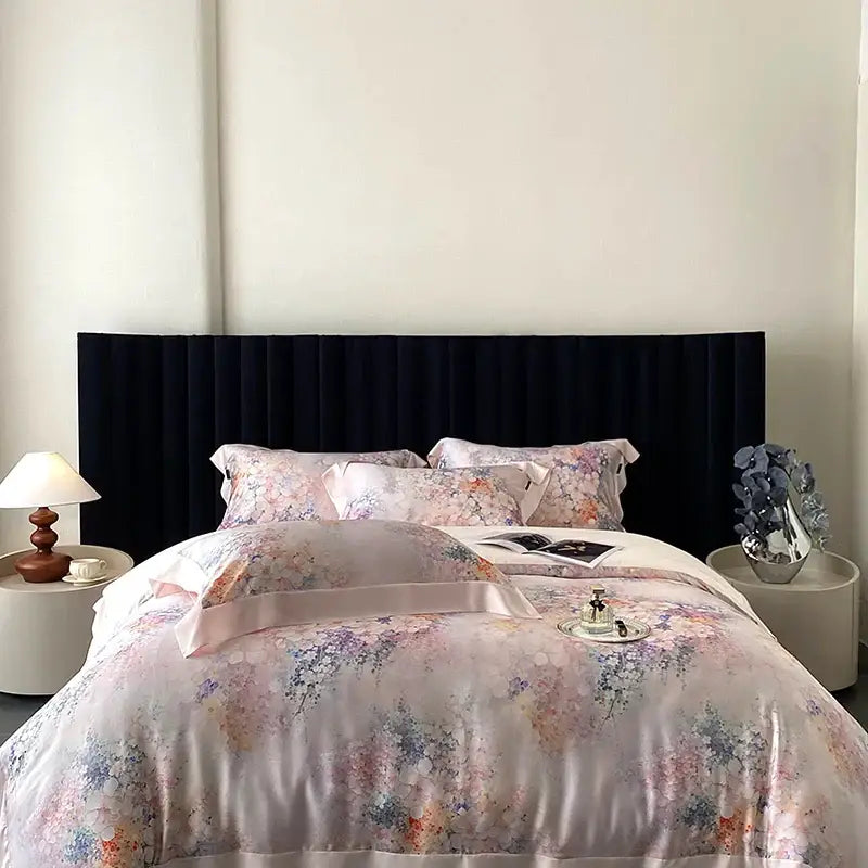 Blush rose eucalyptus fiber flowers bedding set with pastel floral satin fabric in pink lavender and blue decorbites eucalyptus fiber