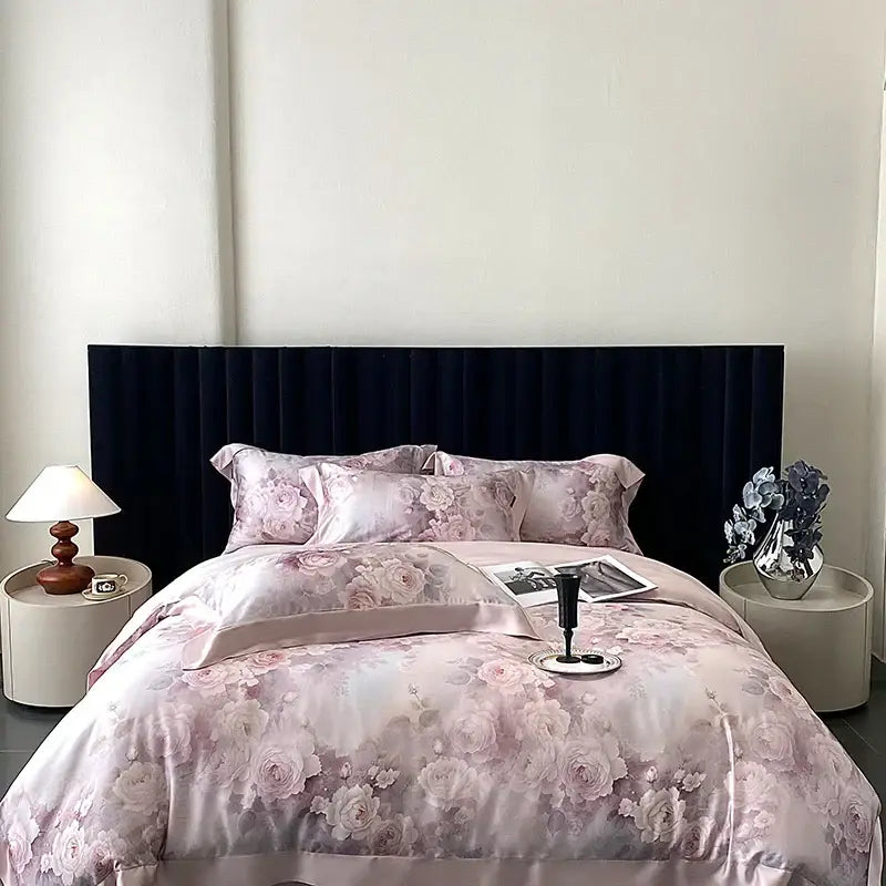 Pink floral satin bedding set with soft sheen and delicate rose pattern made from decorbites eucalyptus fiber flowers