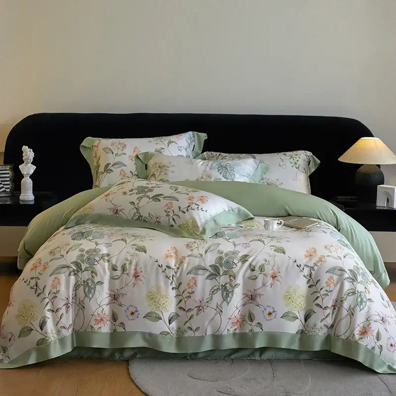 Blush rose eucalyptus fiber flowers bedding set in pale green and cream with delicate botanical satin soft decorbites design