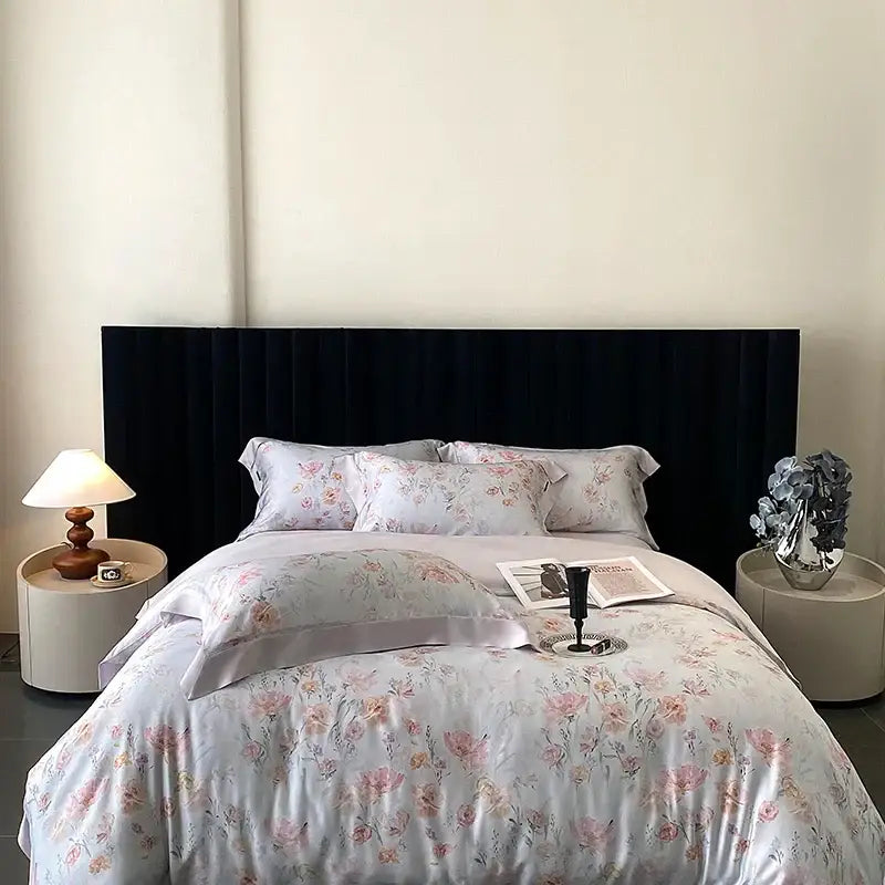 Blush rose eucalyptus fiber flowers bedding set with delicate floral pattern in soft pastel hues and subtle sheen
