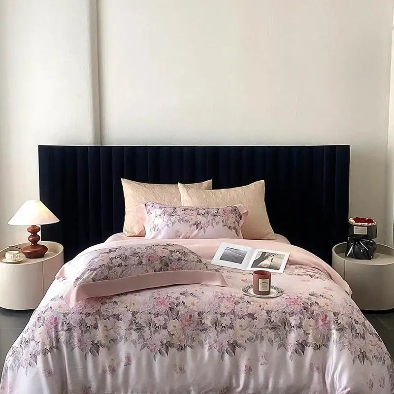 Pink floral satin duvet cover with eucalyptus fiber flowers and soft gray accents in blush rose bedding set decorbites