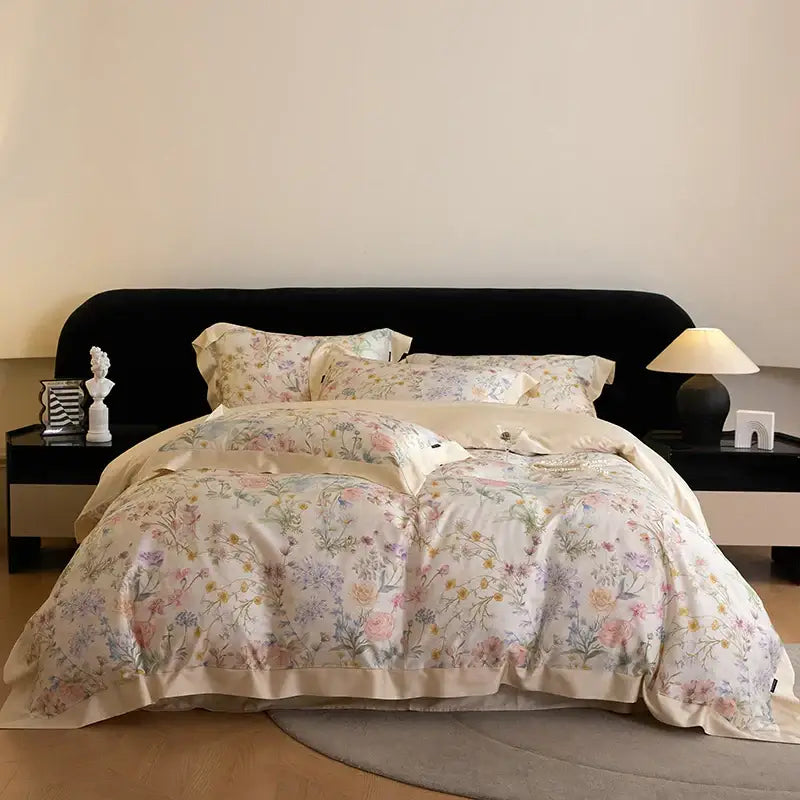 Beige floral print satin bedding set with blush rose eucalyptus fiber flowers and soft ruffled edges for bedroom decorbites eucalyptus fiber