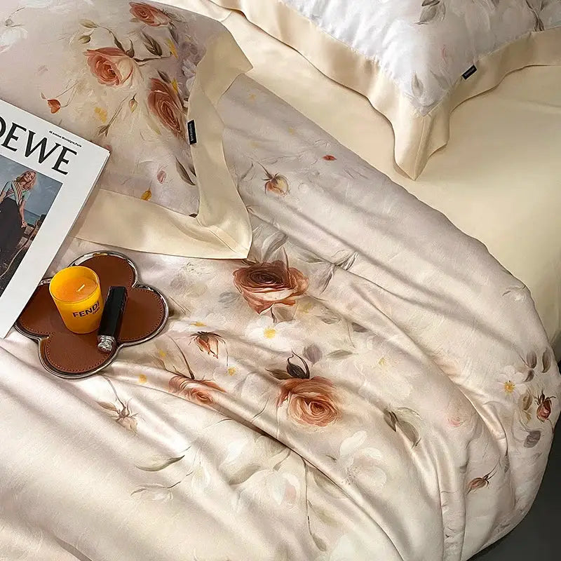 Cream-colored satin duvet cover with peach blush rose and muted green eucalyptus fiber flowers bedding set decorbites