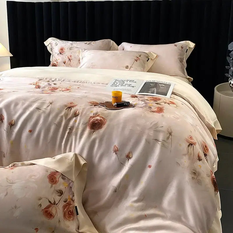 A soft blush pink satin duvet cover with eucalyptus fiber flowers in a blush rose bedding set for bedroom decorbites