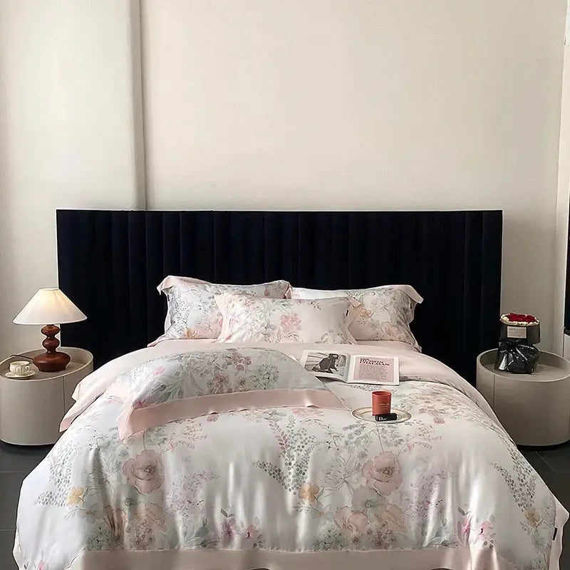 Blush rose eucalyptus fiber flowers bedding set in soft pastel satin with elegant rose motifs and subtle sheen