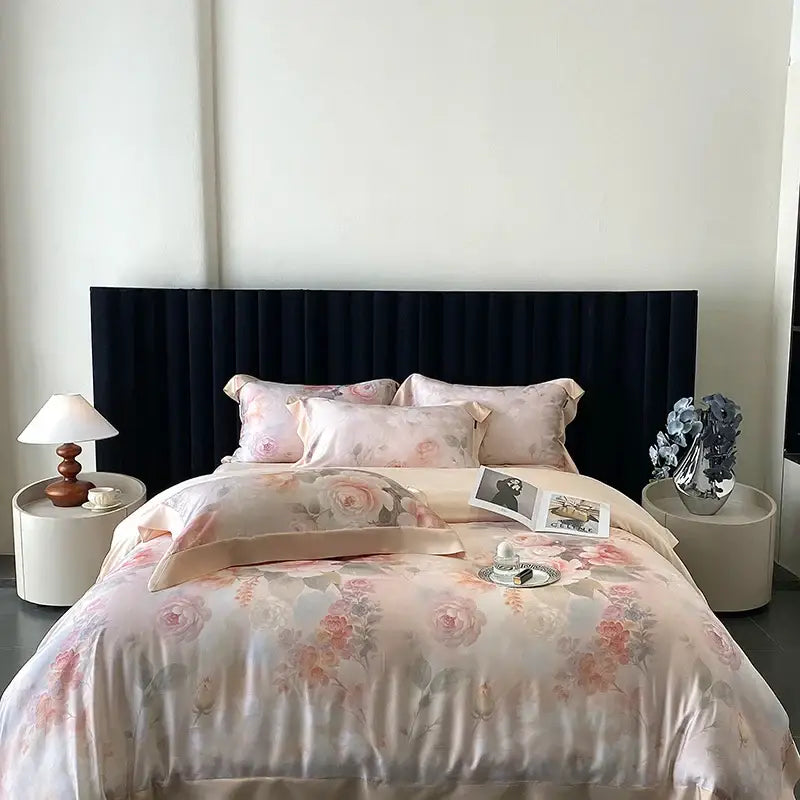Blush rose eucalyptus fiber flowers bedding set with soft satin blush pink duvet cover featuring floral pattern