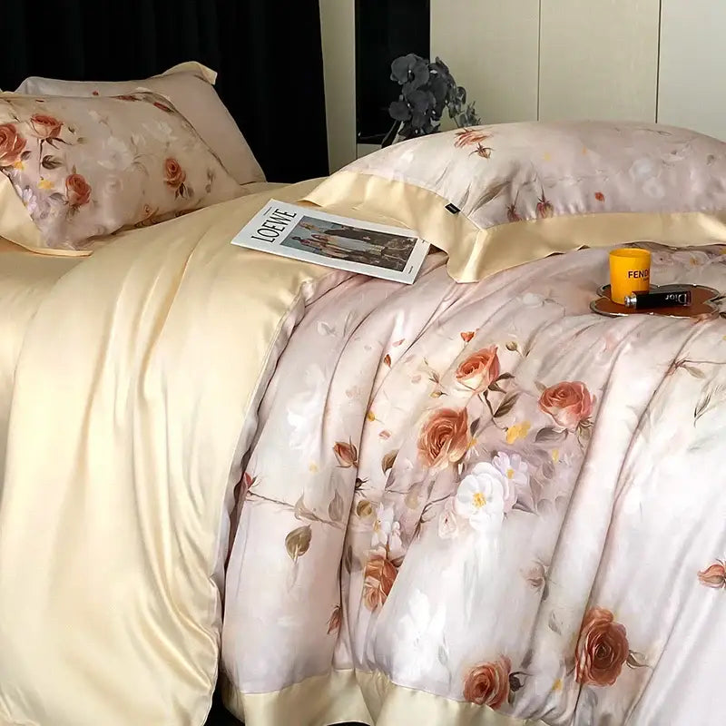 Cream-colored satin duvet cover with blush rose eucalyptus fiber flowers bedding set featuring delicate peach and gold patterns