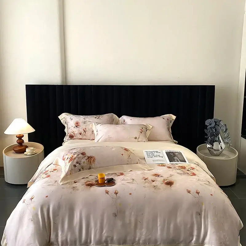 Blush rose eucalyptus fiber flowers bedding set in soft satin fabric with floral pattern for elegant bedroom decorbites eucalyptus fiber