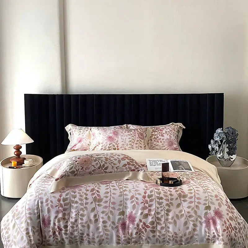 A blush rose eucalyptus fiber flowers bedding set with soft satin duvet in muted pink and beige floral decorbites eucalyptus fiber