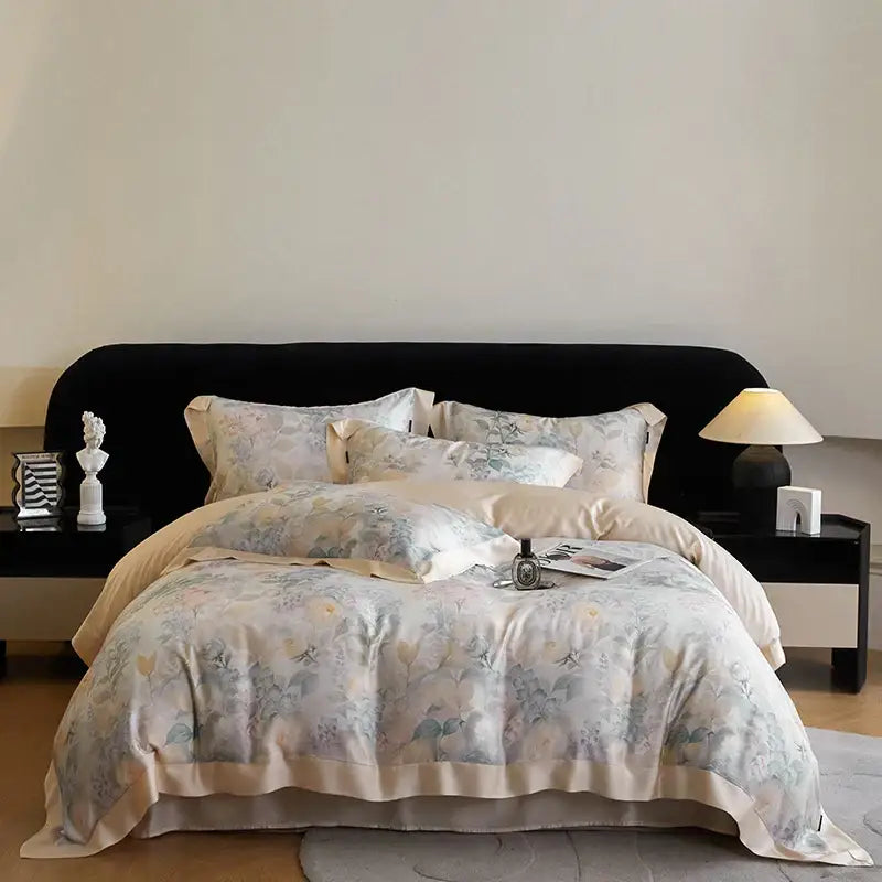 Blush rose eucalyptus fiber flowers bedding set with soft satin fabric featuring light blue and cream floral pattern
