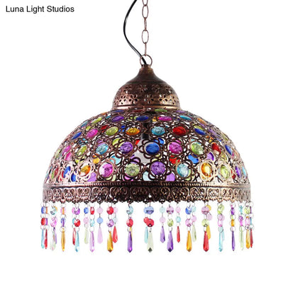 Bohemia Dome Pendant Light - Rustic Aged Brass with Crystal Bead Accent - Ideal for Restaurants