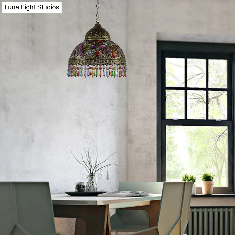 Bohemia Dome Pendant Light - Rustic Aged Brass with Crystal Bead Accent - Ideal for Restaurants