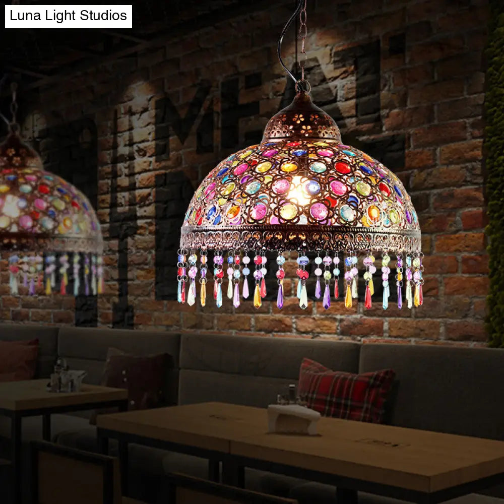 Bohemia Dome Pendant Light - Rustic Aged Brass with Crystal Bead Accent - Ideal for Restaurants