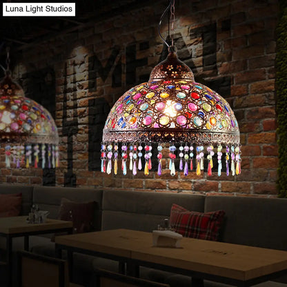 Bohemia Dome Pendant Light - Rustic Aged Brass with Crystal Bead Accent - Ideal for Restaurants