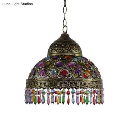 Bohemia Dome Pendant Light - Rustic Aged Brass with Crystal Bead Accent - Ideal for Restaurants