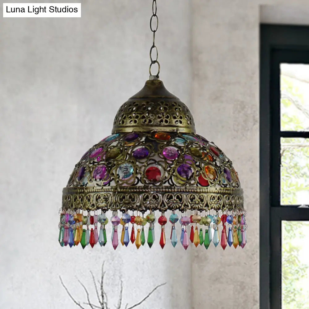 Bohemia Dome Pendant Light - Rustic Aged Brass with Crystal Bead Accent - Ideal for Restaurants