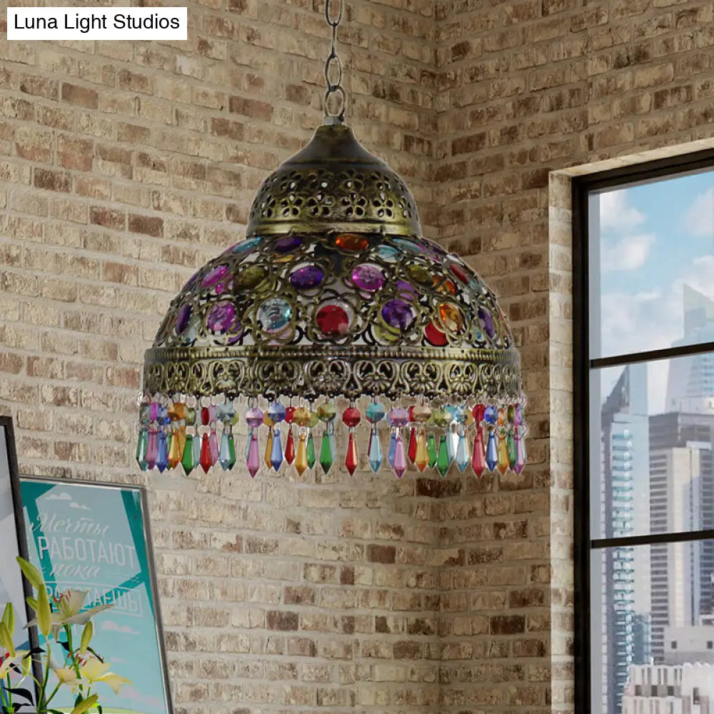 Bohemia Dome Pendant Light - Rustic Aged Brass with Crystal Bead Accent - Ideal for Restaurants