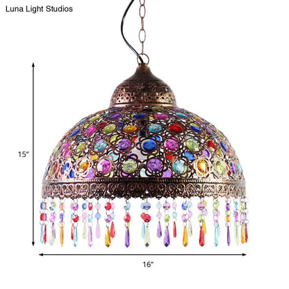 Bohemia Dome Pendant Light - Rustic Aged Brass with Crystal Bead Accent - Ideal for Restaurants