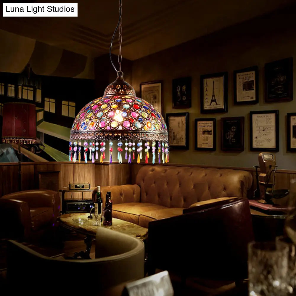 Bohemia Dome Pendant Light - Rustic Aged Brass with Crystal Bead Accent - Ideal for Restaurants