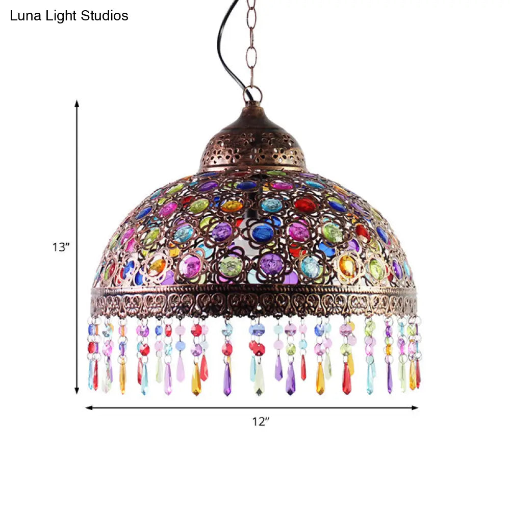 Bohemia Dome Pendant Light - Rustic Aged Brass with Crystal Bead Accent - Ideal for Restaurants