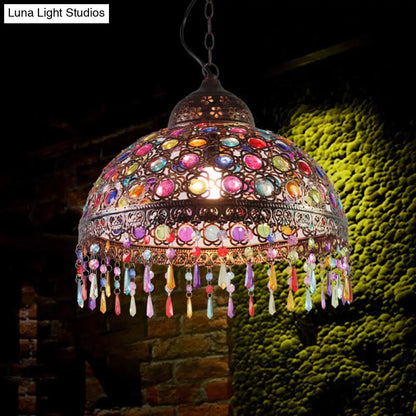 Bohemia Dome Pendant Light - Rustic Aged Brass with Crystal Bead Accent - Ideal for Restaurants