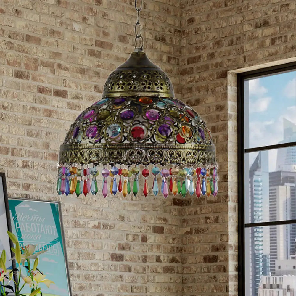 Bohemia Dome Pendant Light - Rustic Aged Brass with Crystal Bead Accent - Ideal for Restaurants