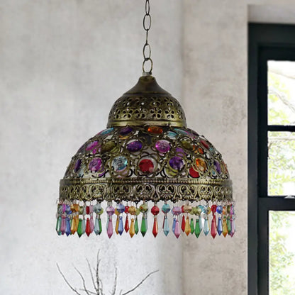 Bohemia Dome Pendant Light - Rustic Aged Brass with Crystal Bead Accent - Ideal for Restaurants