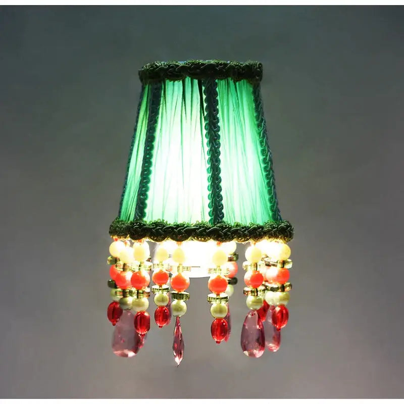 Bohemia emerald green cloth pleated lampshade with dark green trim and red orange cream beads for bedroom decor
