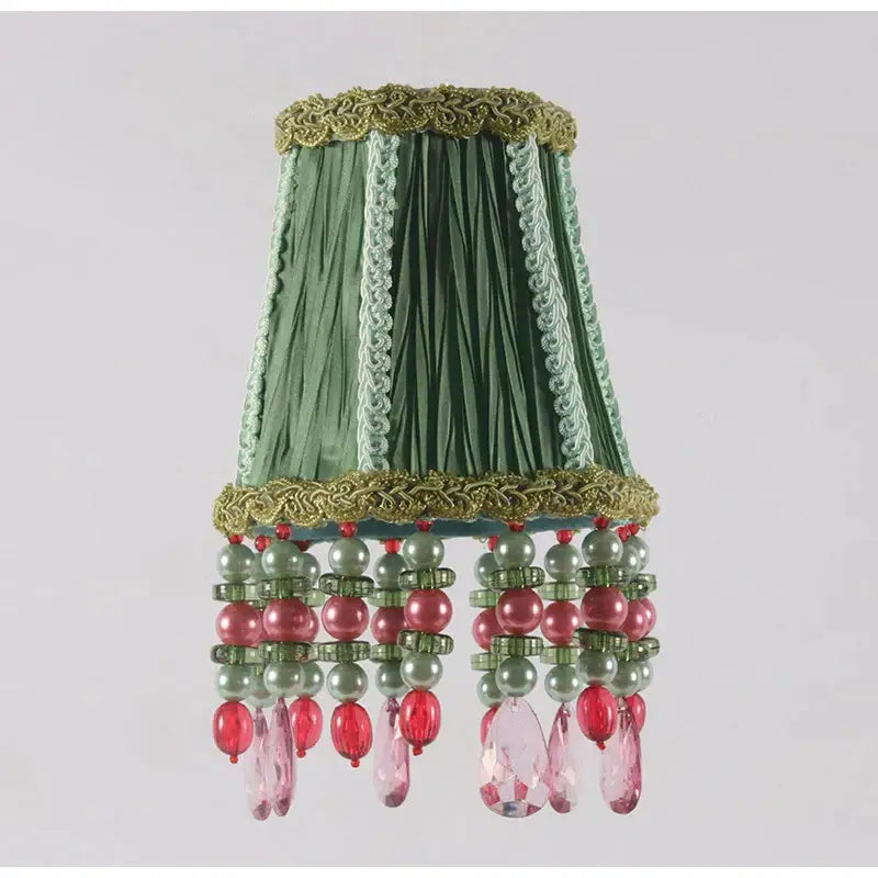 Bohemia emerald green cloth pleated lampshade with gold trim and dangling pink and green beads for bedroom decor