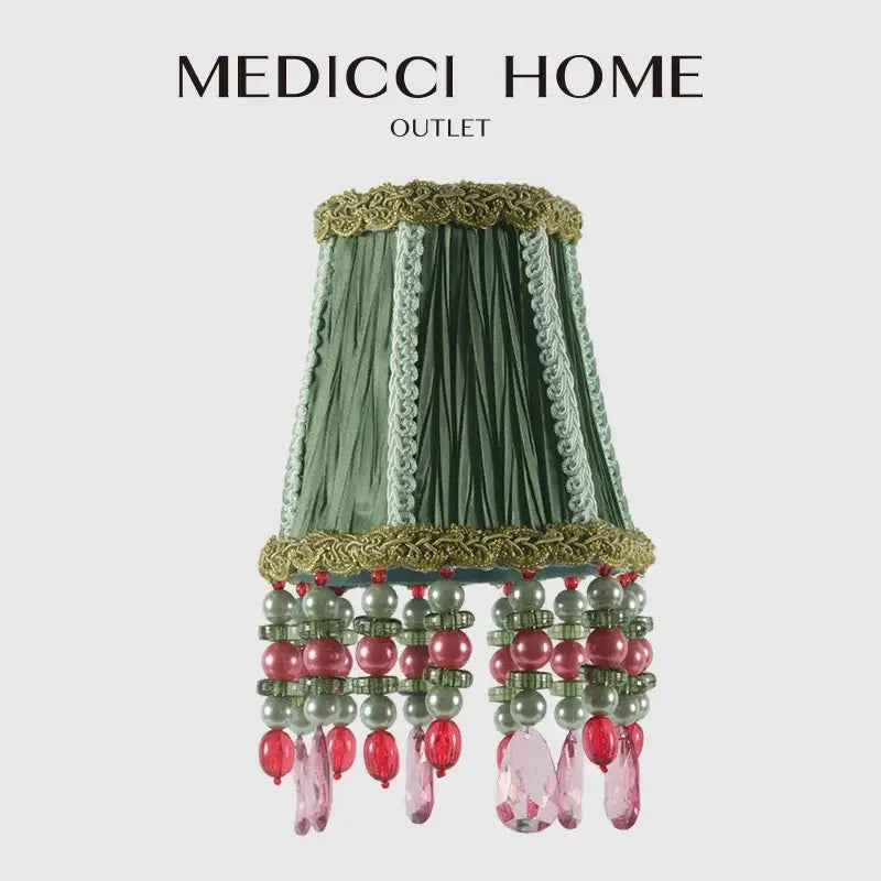 Bohemia emerald green cloth pleated lampshade with gold trim and pink beads for elegant bedroom decor