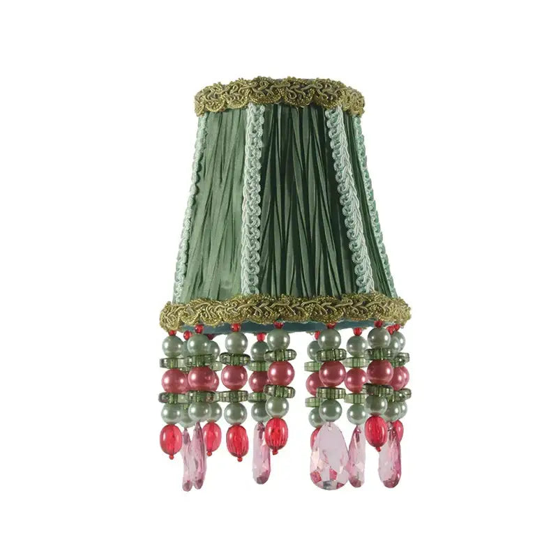 Bohemia emerald green cloth pleated lampshade with gold trim and pink crystal beads for bedroom decor