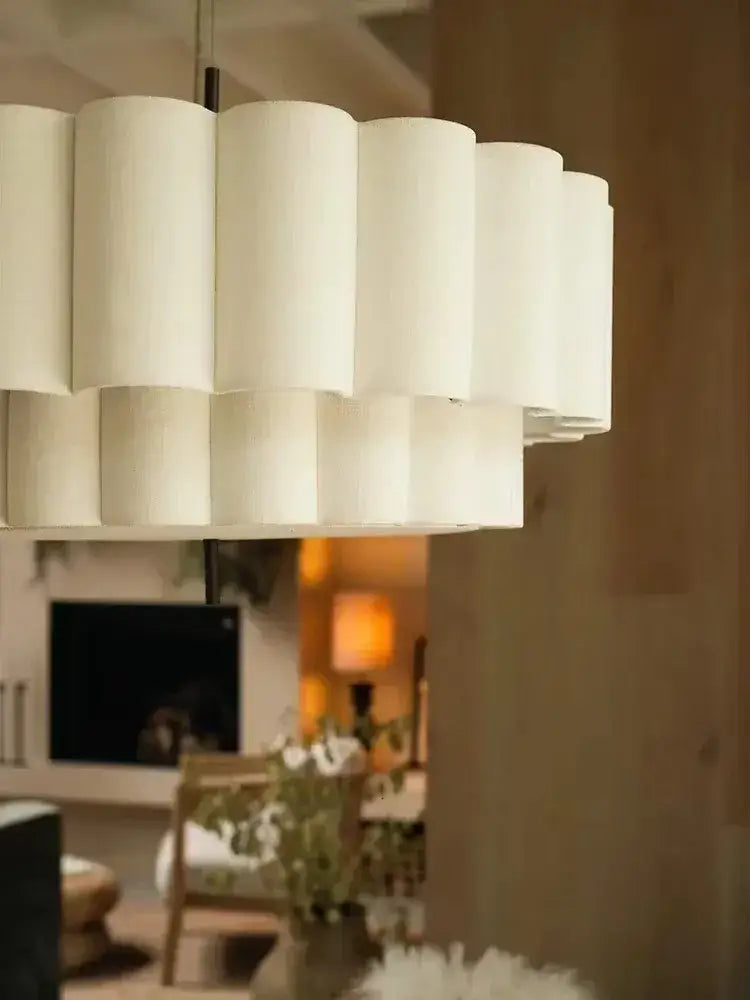 Off-white cylindrical bohemia fabric chandelier pendant light with layered petal design for living room decorbites bohemia fabric