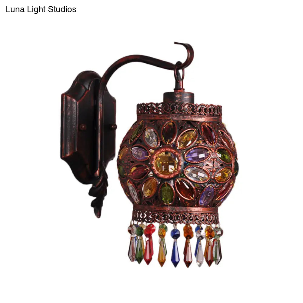 DecorBites™ Bohemia Lantern Wall Sconce Metal 1-Light Lamp with Crystal Flower Design, Antique Copper