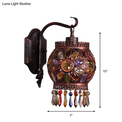 DecorBites™ Bohemia Lantern Wall Sconce Metal 1-Light Lamp with Crystal Flower Design, Antique Copper