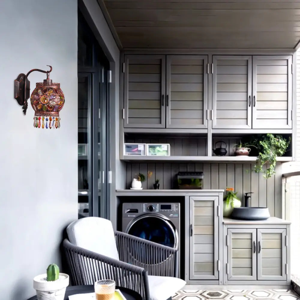 DecorBites™ Bohemia Lantern Wall Sconce Metal 1-Light Lamp with Crystal Flower Design, Antique Copper