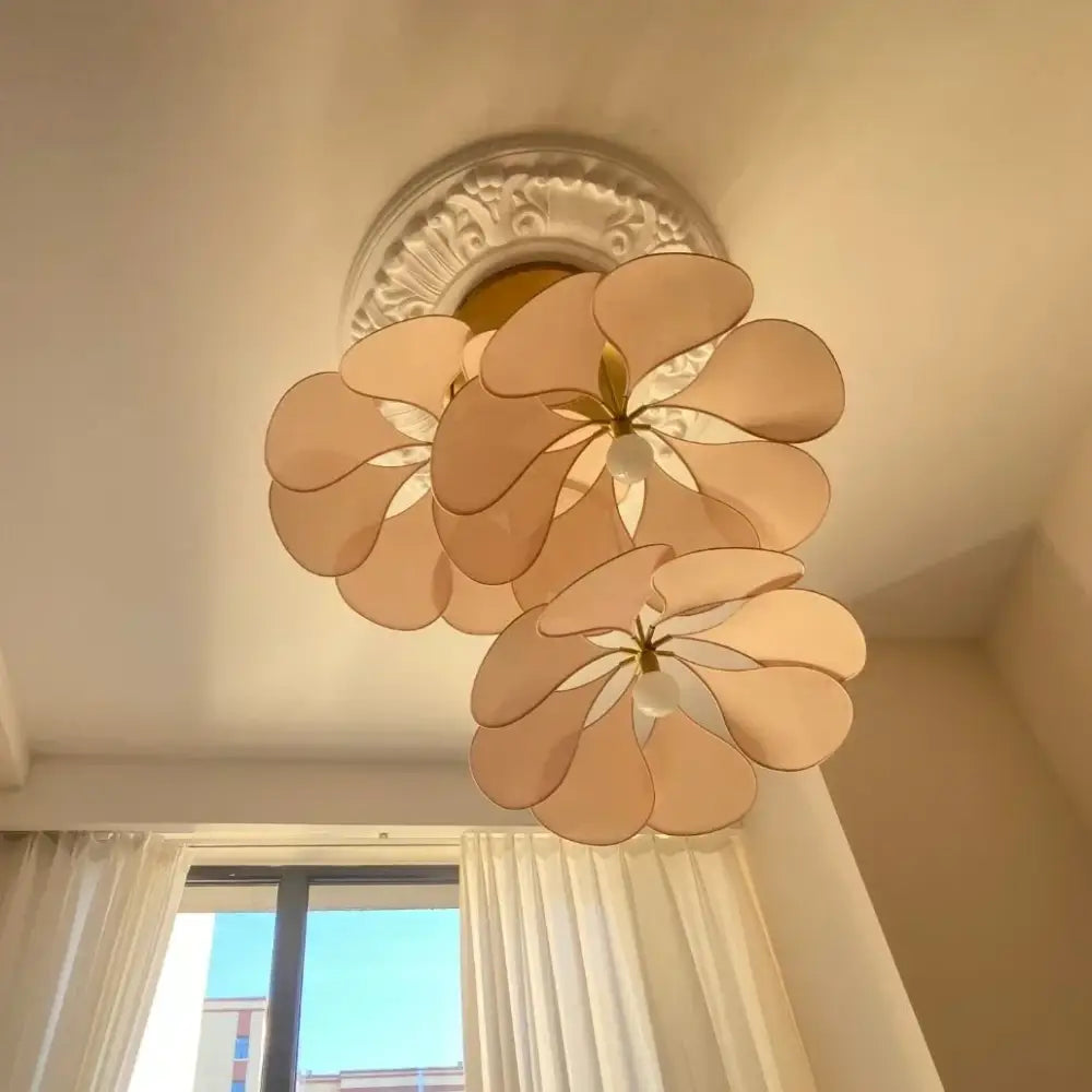 Beige floral bohemia linen e27 pendant light with layered petal shades and white ornamental base for bedroom decor
