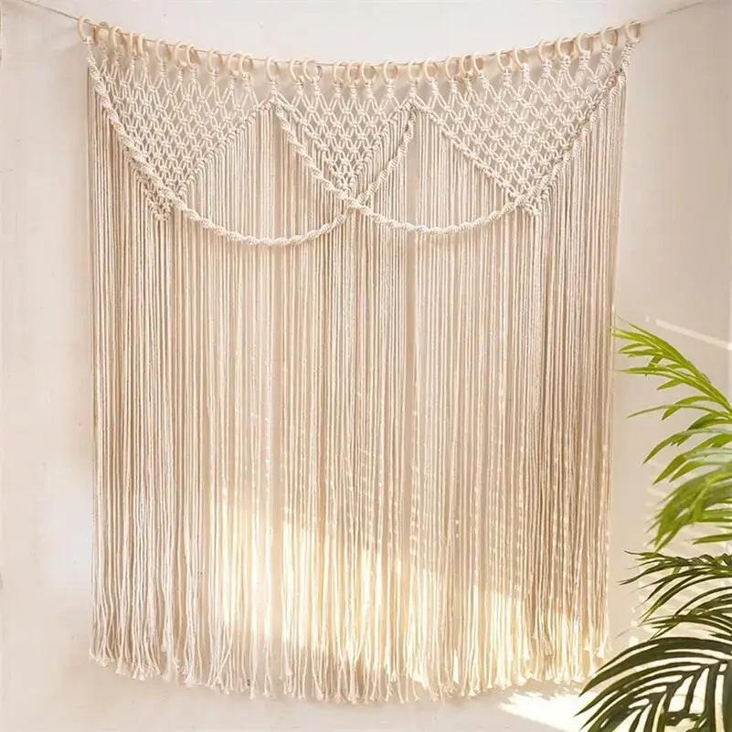 Beige decorbites bohemia macrame cotton curtain with intricate woven patterns and long fringe for bedroom wall decor