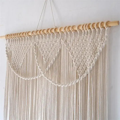 Beige bohemia macrame cotton curtain with vines decorative knots hanging on wooden dowel for bedroom decorbites bohemia macrame
