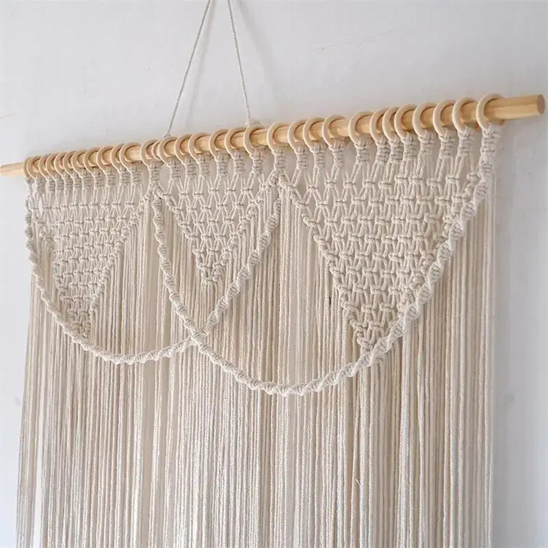Beige bohemia macrame cotton curtain with vines decorative knots hanging on wooden dowel for bedroom decorbites bohemia macrame