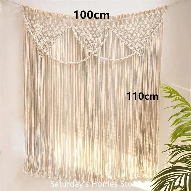 Cream-colored decorbites bohemia macrame cotton curtain with intricate woven patterns and long fringe for bedroom wall decor