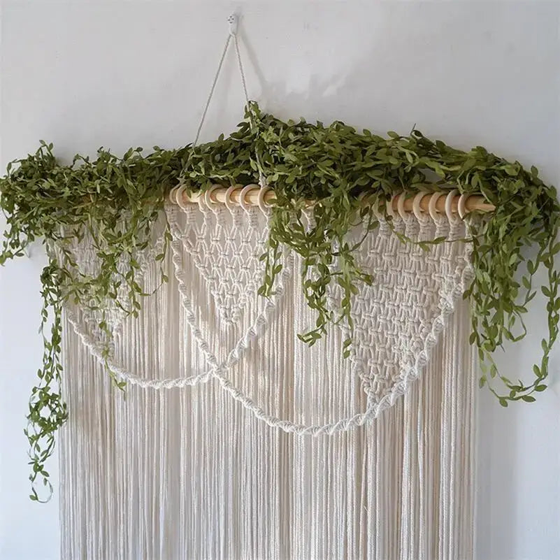 Cream-colored bohemia macrame cotton curtain with vines hanging on wooden rod for bedroom decorbites bohemia macrame