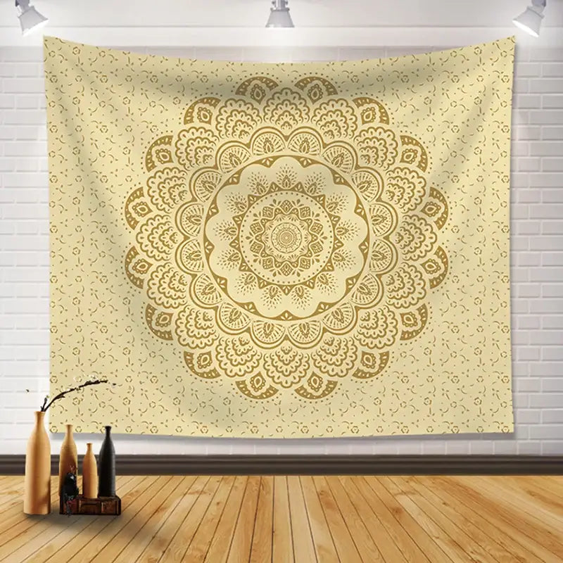 Beige bohemia room fabric poster featuring an intricate gold floral mandala design for bedroom decorbites decor