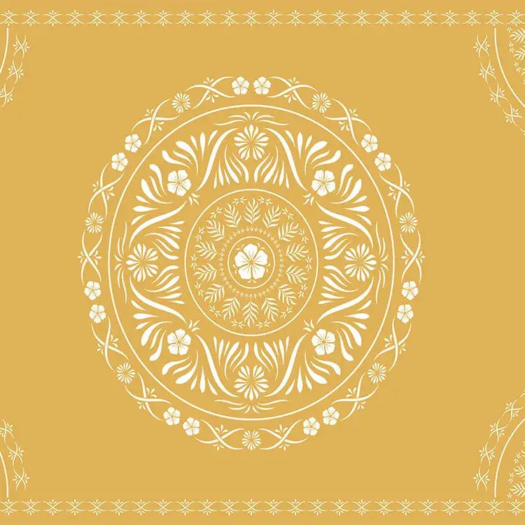 A delicate white floral mandala design on a warm golden-yellow bohemia room fabric poster for decorbites bedroom decor